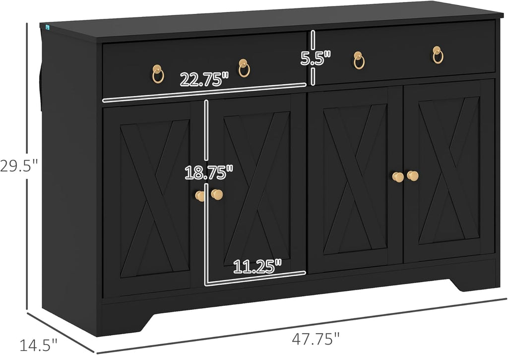 HOMCOM 48" Sideboard Buffet with Storage, Kitchen Storage Cabinet with 2 Drawers and 4 Barn Doors, Farmhouse Coffee Bar Cabinet with Adjustable Shelves, Black