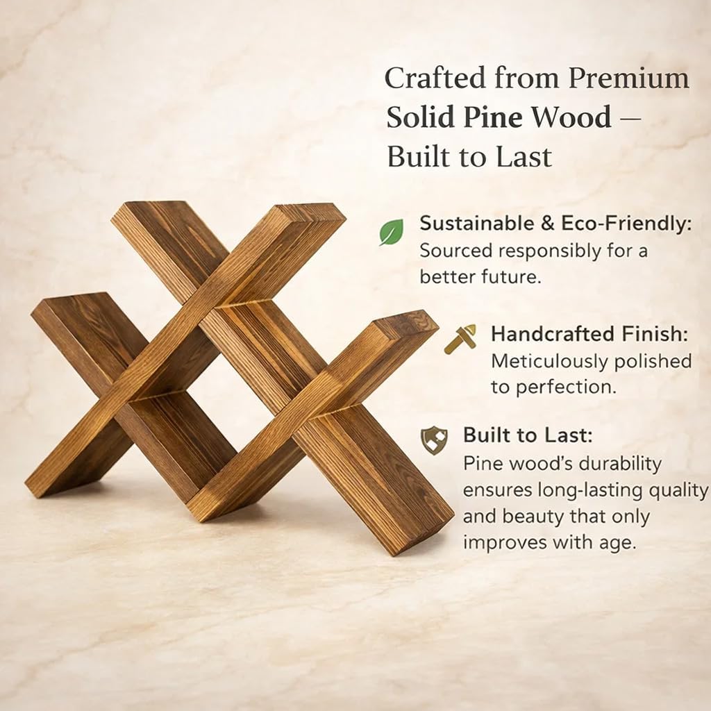 Premium Pinewood Wine Rack, Elegant 4-Bottle Countertop Wine Holder with Cross Design, Sustainable Natural Wood Wine Storage for Modern Homes, Bars & Kitchens (White)