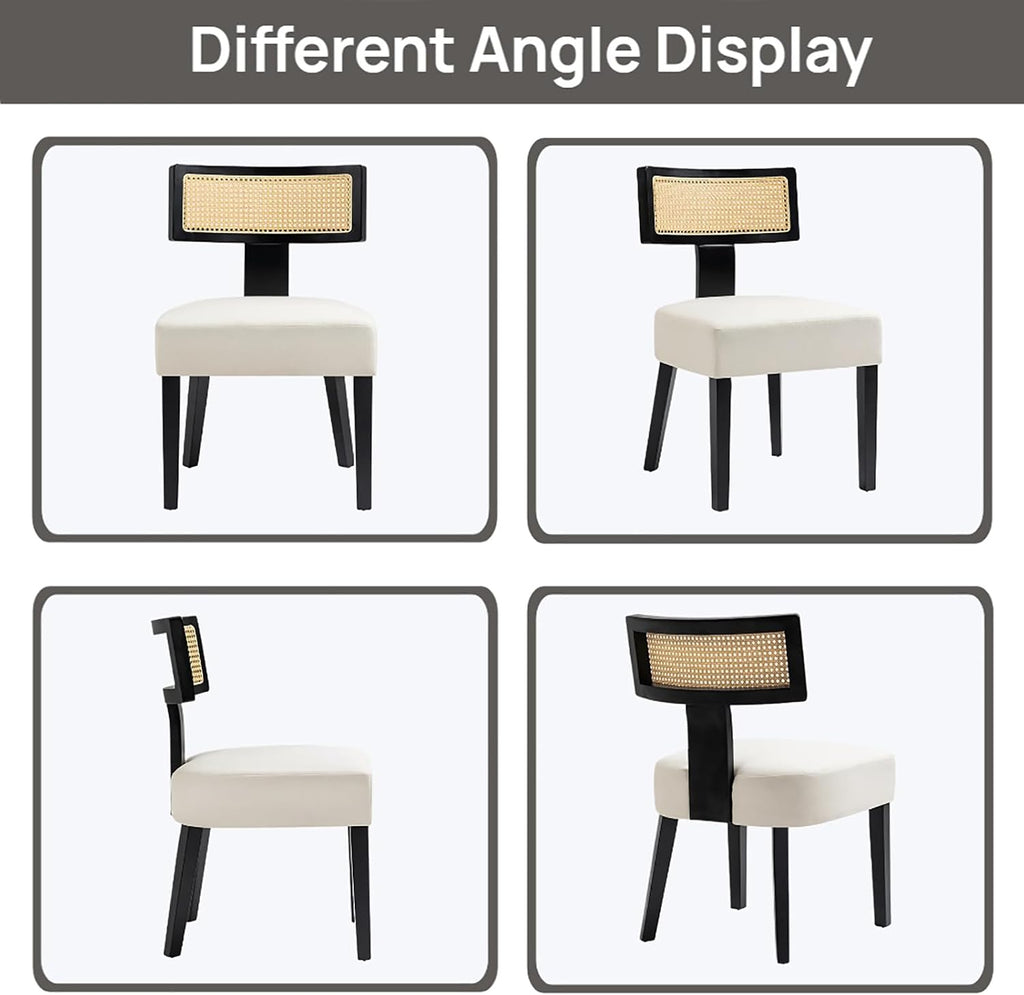 Farmhouse Rattan Dining Chairs Set of 2, Upholstered Modern Dining Room Chairs with Curved Cane Back, Black Wood Frame Armless Side Chair for Kitchen (Beige Fabric)