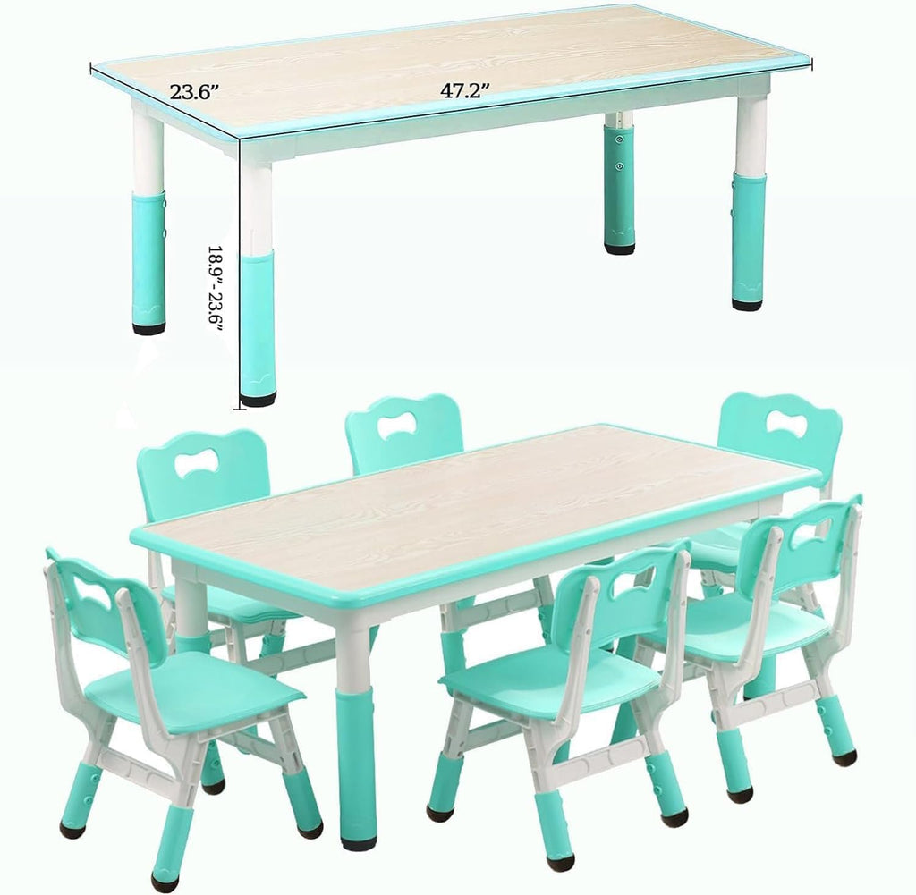 Memoryfield Kids Table and 6 Chairs Set, Height Adjustable Arts & Crafts Table with Graffiti Desktop, Non-Slip Legs,Ideal for Ages 2-10, Children's Multi-Activity for Classrooms, Daycares,Home