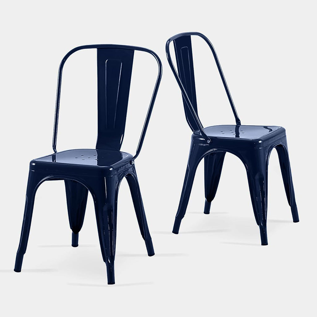 AC Pacific 18 Inch Seat Height Industrial Metal Dining Chairs, Stackable Kitchen or Bar Seat, Durable Modern Design, Versatile Accent Furniture, Set of 2, Dark Blue