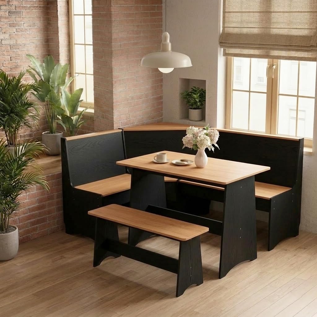 Farmhouse Breakfast Nook Table Set, Dining Nook Set with Corner Bench,with Storage Function Mid Century Modern Small Dining Table Set, Kitchen Table Corner Set (Yellow + Black)