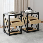 End Table Set of 2, Natural Wood MDF with Tempered Glass Top and Drawer | Industrial-Style Nightstands with Drawer Storage for Bedrooms and Living Rooms; Coordinating Side Table Pair