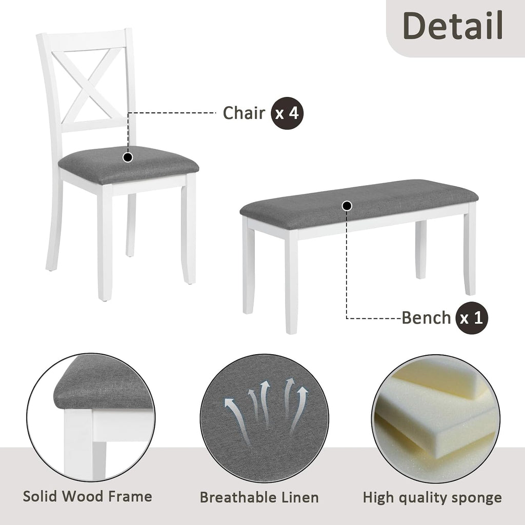 Merax 6-Piece Farmhouse Dining Table Set with Chairs and Bench, Wood Kitchen Table Set for 4-6, Rectangular Kitchen Dining Table for Dining Room, Kitchen, Small Apartment, White