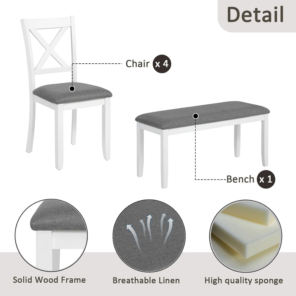 Merax 6-Piece Farmhouse Dining Table Set with Chairs and Bench, Wood Kitchen Table Set for 4-6, Rectangular Kitchen Dining Table for Dining Room, Kitchen, Small Apartment, White