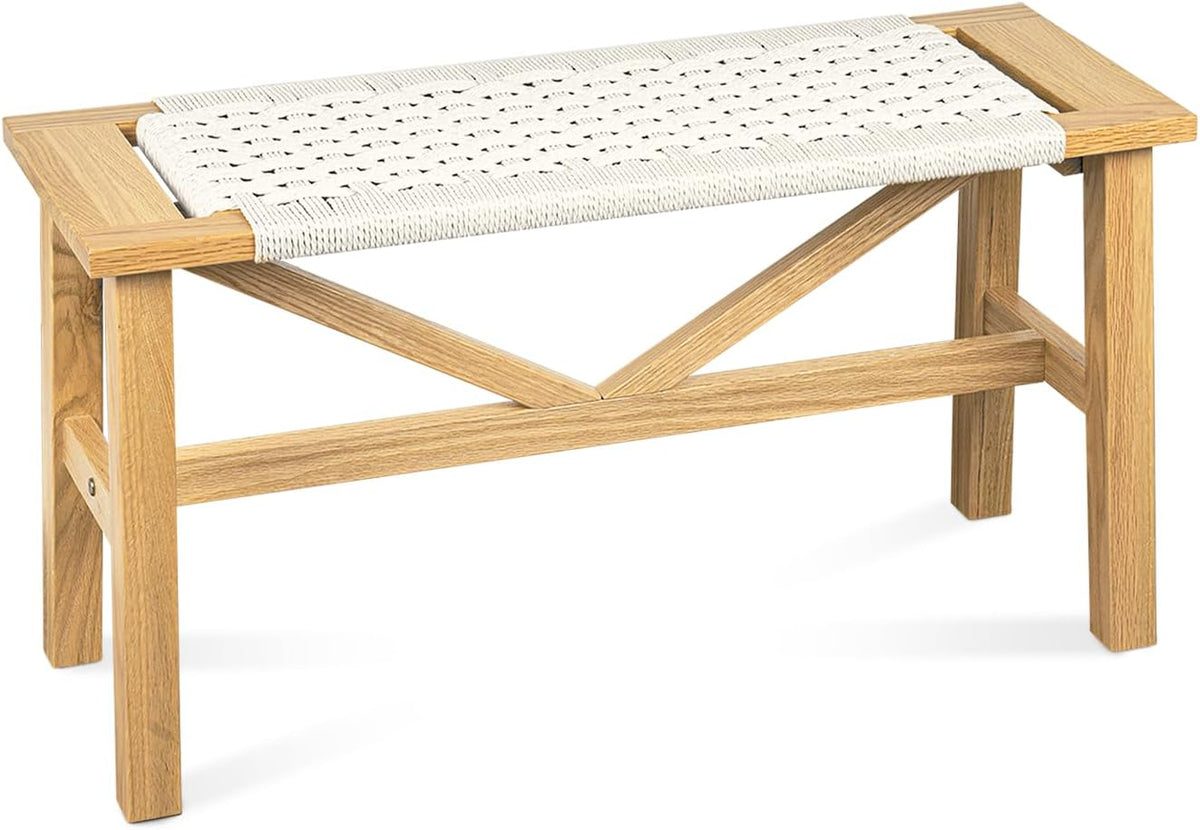 Solid Wood Narrow Bench, 33.46" Woven Bench for Entryway and Hallway, End of Bed Bench with Oak Frame, Boho Accent Bench - 500lbs Capacity (Natural Beige)