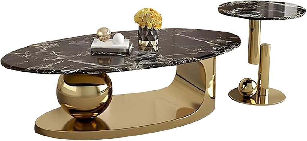 Modern Coffee Table Set of 2 - Stylish Black & Gold Oval Nesting Tables for Living Room, Contemporary Center & Side Table, 47" + 18" Cocktail Table Combo