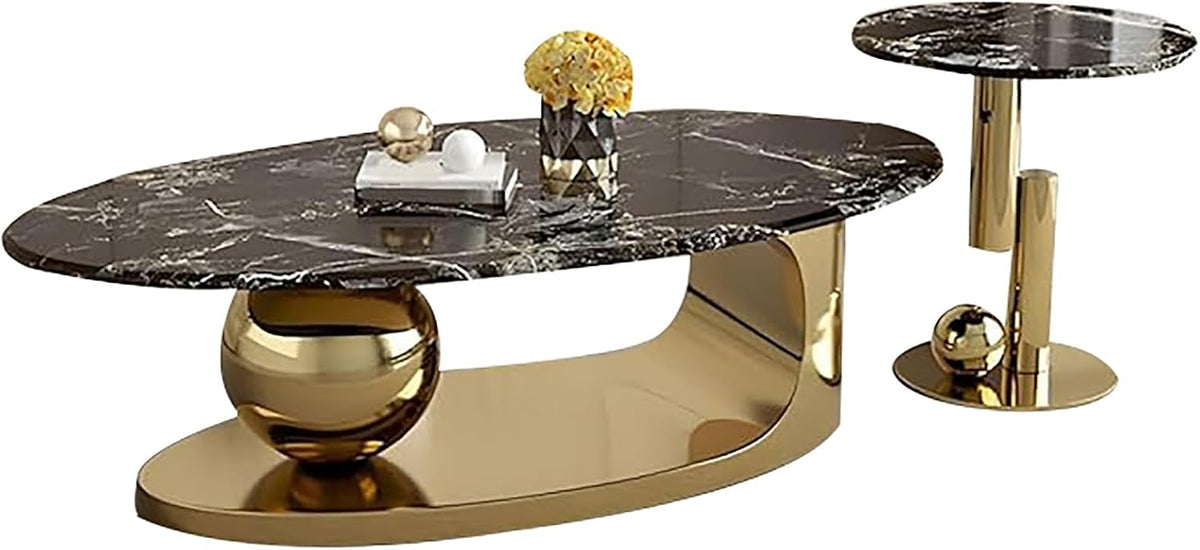 Modern Coffee Table Set of 2 - Stylish Black & Gold Oval Nesting Tables for Living Room, Contemporary Center & Side Table, 47" + 18" Cocktail Table Combo