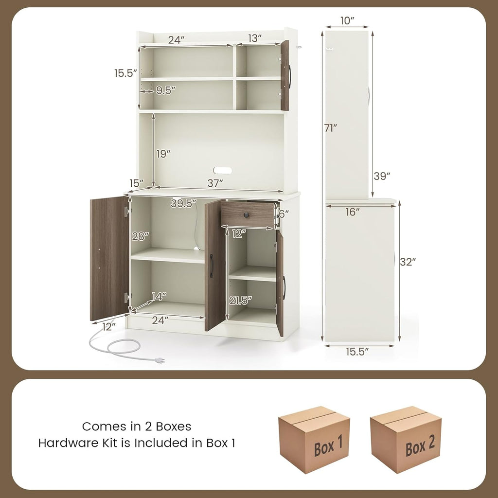 COSTWAY Kitchen Pantry Storage Cabinet, 71" Freestanding Tall Hutch Cabinet with Charging Station, Microwave Stand, Adjustable Shelves, Modern Buffet Cabinet with Hutch for Dining Room, Kitchen, White