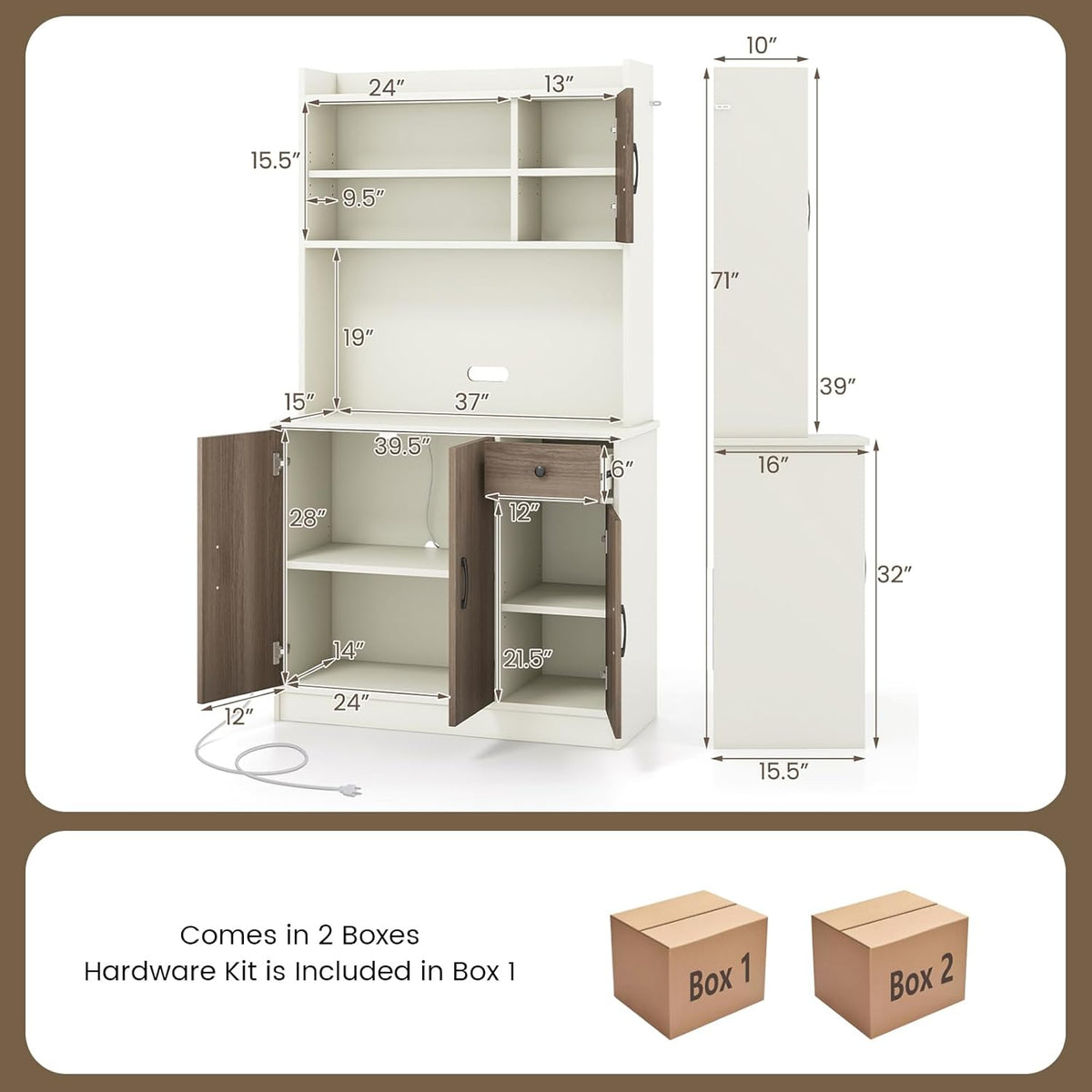 COSTWAY Kitchen Pantry Storage Cabinet, 71" Freestanding Tall Hutch Cabinet with Charging Station, Microwave Stand, Adjustable Shelves, Modern Buffet Cabinet with Hutch for Dining Room, Kitchen, White