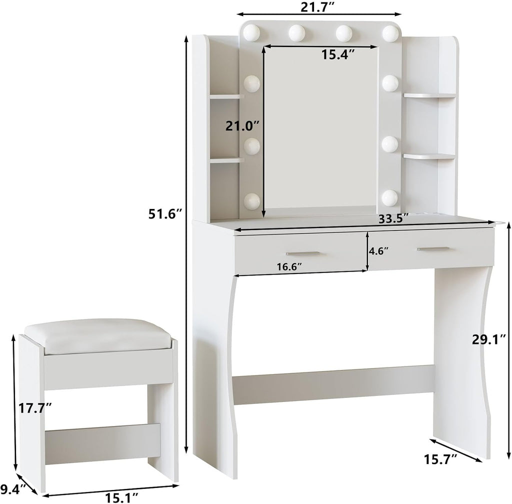 Vabches Vanity Desk with Mirror and Lights,Makeup Vanity Table with Charging Station,Vanity Set with 2 Drawers & Lots Storage Space,3 Lighting Modes Adjustable Brightness,White