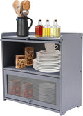 Countertop Kitchen Pantry Cabinet, 20.5x9.8x19.7in Dual-Layer Storage Cabinet for Kitchen Counter, Bamboo Storage Bin with Acrylic Door Panel, Elevated Fence, Translucent Hovering Cabinet Door (Grey)