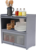 Countertop Kitchen Pantry Cabinet, 20.5x9.8x19.7in Dual-Layer Storage Cabinet for Kitchen Counter, Bamboo Storage Bin with Acrylic Door Panel, Elevated Fence, Translucent Hovering Cabinet Door (Grey)