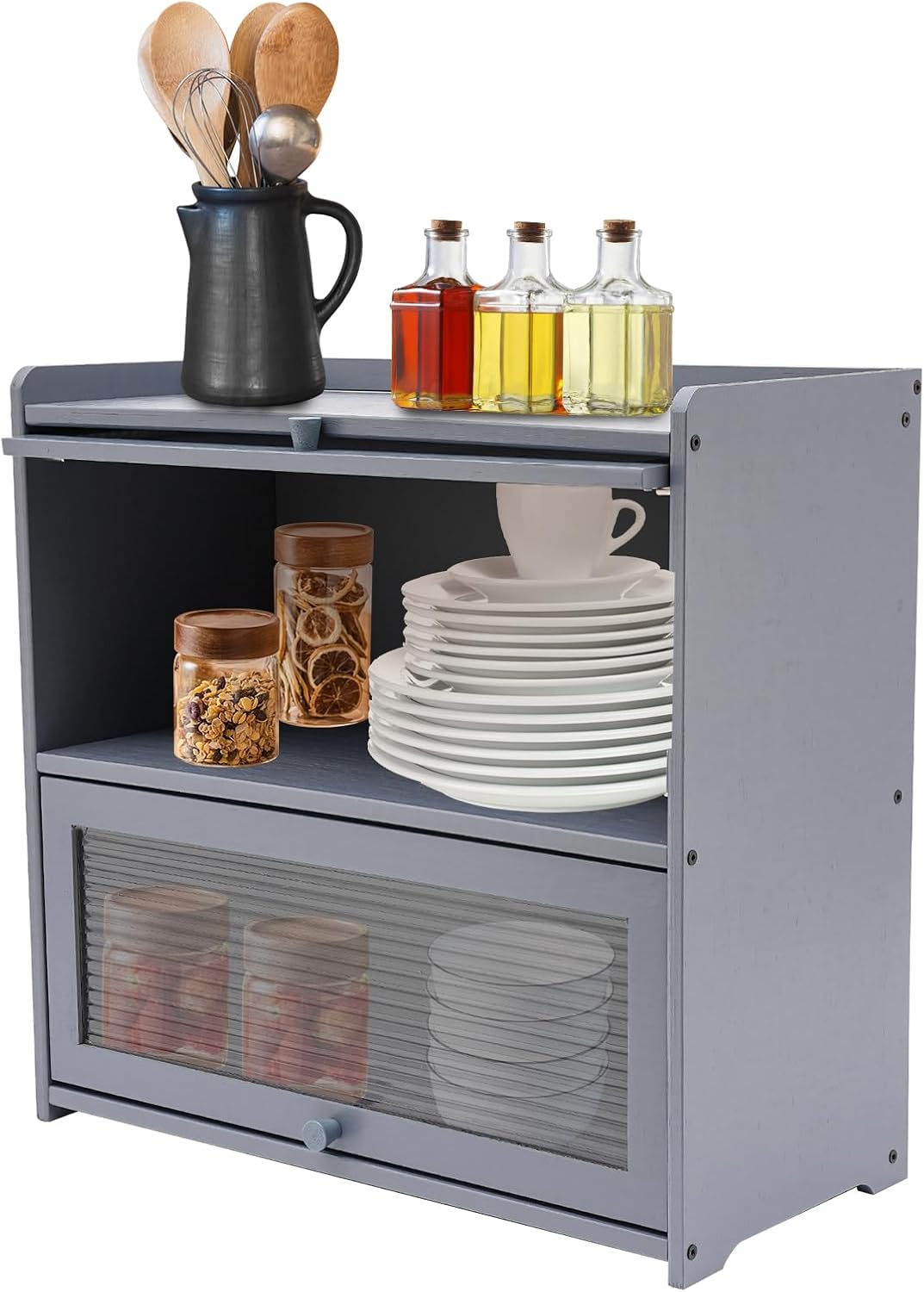 Countertop Kitchen Pantry Cabinet, 20.5x9.8x19.7in Dual-Layer Storage Cabinet for Kitchen Counter, Bamboo Storage Bin with Acrylic Door Panel, Elevated Fence, Translucent Hovering Cabinet Door (Grey)
