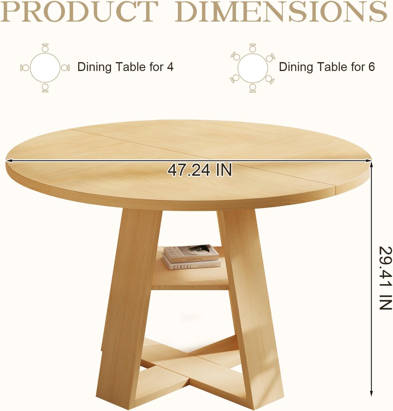 47.2" Round Dining Table for 4-6, Circle Kitchen Table with Open Storage Shelf, Farmhouse Dinner Table with Cross Pedestal Base for Dining Room, Kitchen, Living Room, Burlywood