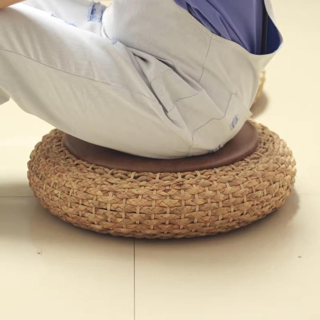 Round Straw Knitted Pouf, Foot Stool Leather Roof Steel Frame Stuffed Futon,for The Living Room Bedroom and Outdoor Seat(50cm/19.6in)