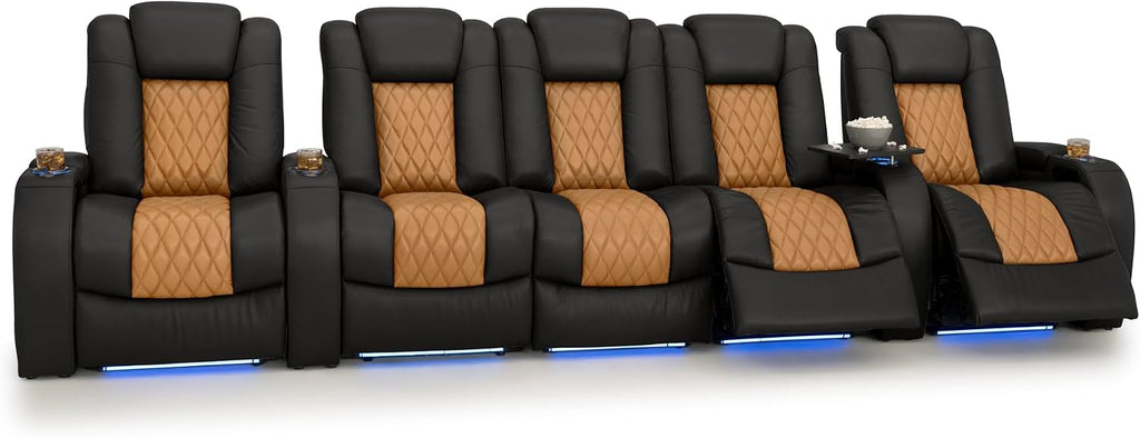 Seatcraft Diamante Black/Tan Oak Italian Leather Home Theater Seating, Zero Gravity Power Recliner, Gaming and Home Office Chair, Powered Headrest Furniture for Cinema Room, Row of 5 Middle Sofa
