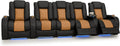 Seatcraft Diamante Black/Tan Oak Italian Leather Home Theater Seating, Zero Gravity Power Recliner, Gaming and Home Office Chair, Powered Headrest Furniture for Cinema Room, Row of 5 Middle Sofa