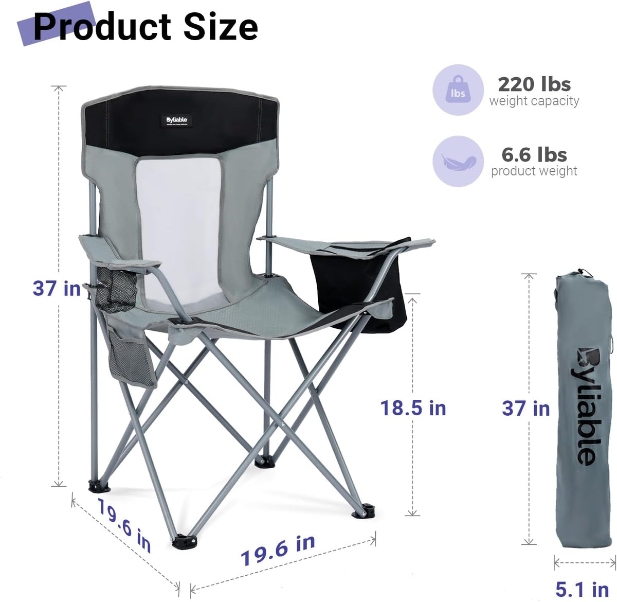 Camping Chairs Portable Folding Lightweight Outdoor Lawn Chair for Adults with Cooler Bag, Cup Holder and Side Pocket for Camping, Beach, Sports, Hiking, Fishing, Gray Black