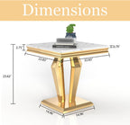 Faux Marble End Table, Modern 23" Square Side Table with Marble Tabletop and Diamond-Shape Stainless Steel Base for Living Room, Bedroom (White,Gold)