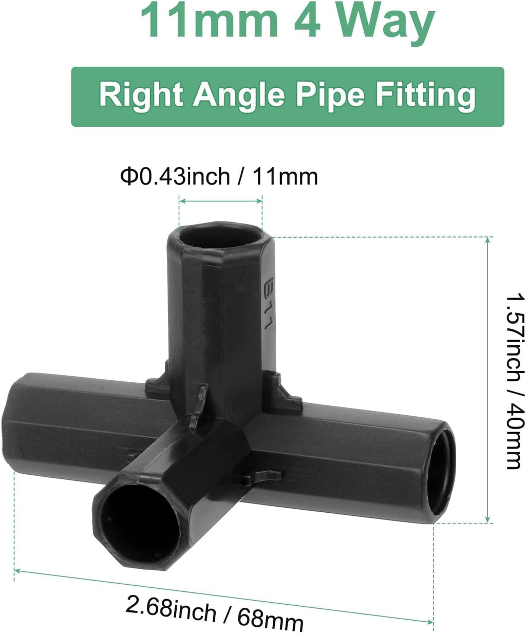 4 Pcs 11mm Greenhouse Frame Building Connectors, 4 Way Right Angle Pipe Fitting for Grape Trellis/Sunscreen Shed/Gardening Plant Stakes, Greenhouse Accessories [Black]
