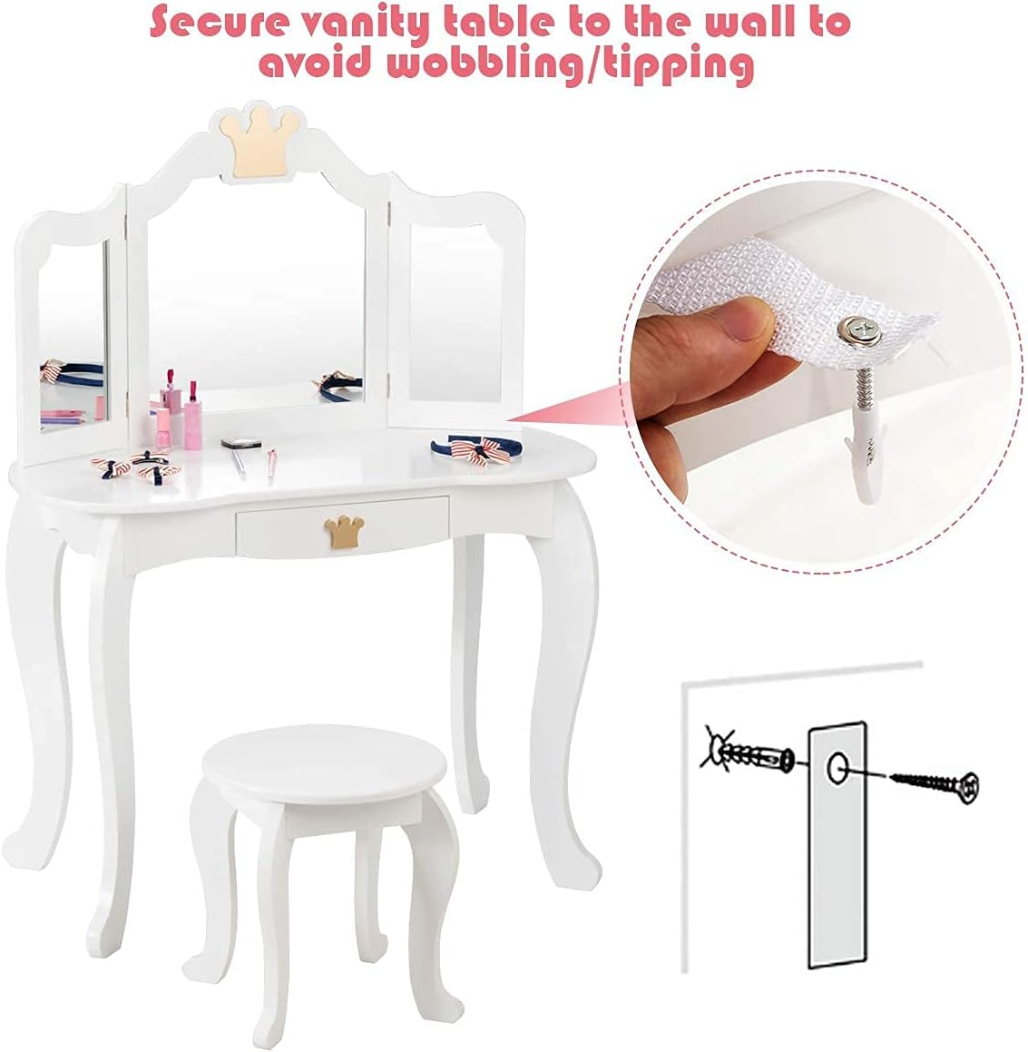 HONEY JOY Kids Vanity, Crown Themed Toddler Dressing Makeup Table and Chair Set w/Drawer & Tri-Folding Mirror, Detachable Mirror, Princess Pretend Play Girls Vanity Set with Mirror and Stool(White)