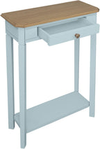 East at Main Marnie Blue Narrow Console Table for Entryway with Drawer | 23.75-inch slim hallway table with lower shelf, powder blue and natural wood finish, coastal furniture for small spaces
