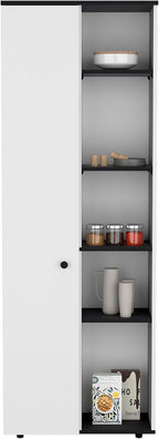 67" H Kitchen Storage Cabinet with One Door, Five Interior Shelves and Five Exterior Shelves,White/Black