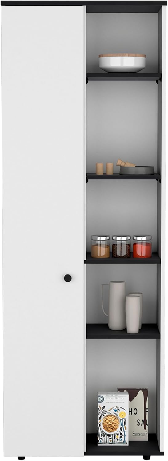 67" H Kitchen Storage Cabinet with One Door, Five Interior Shelves and Five Exterior Shelves,White/Black