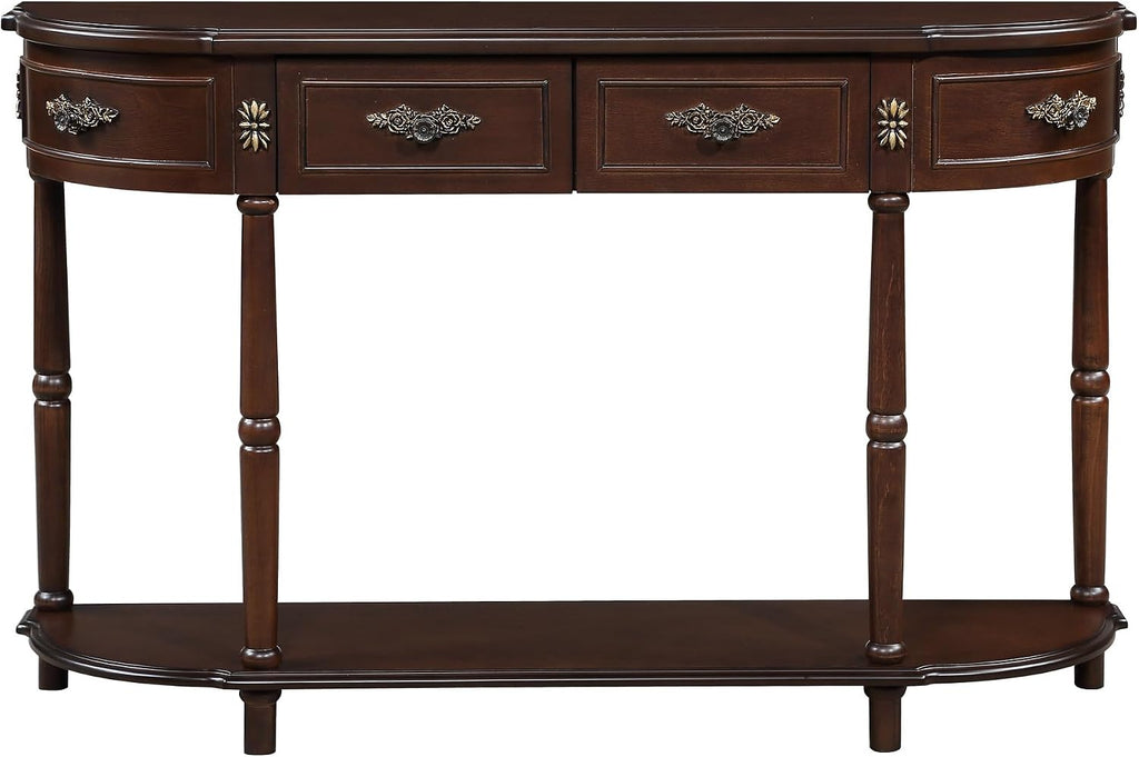 LUMISOL Retro Curved Sofa Table Behind Couch, Solid Wood Entryway Table with 2 Drawers and Open Shelf, 2 Tier Half Moon Console Table for Entrance Living Room, Espresso
