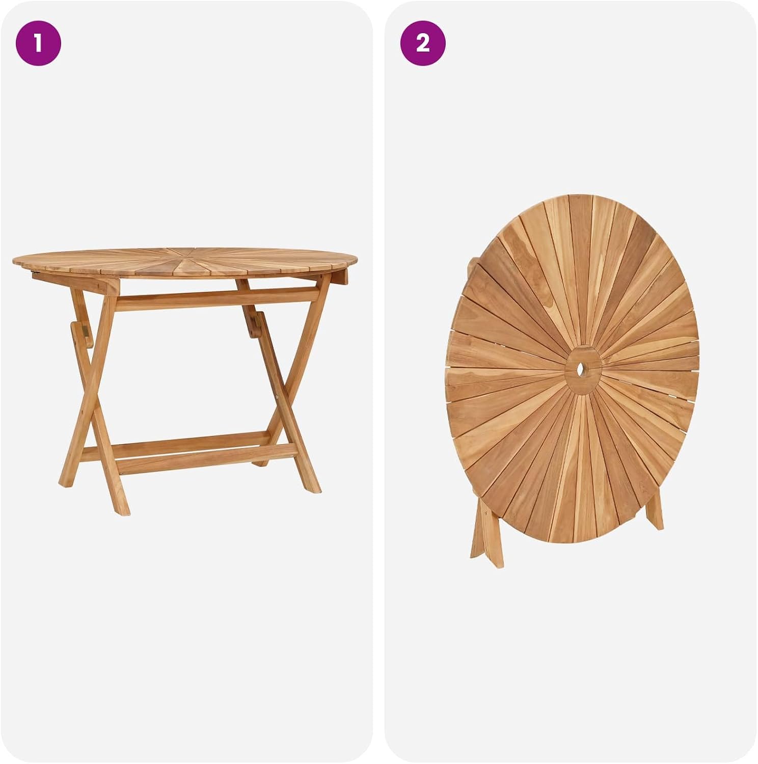 Round Solid Teak Folding Table with Water-Based Finish, 43.31 x 29.53 in, Slatted Top for Drainage, Umbrella Hole, Seats Four for Garden Patio