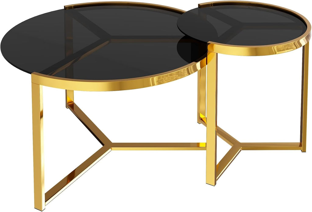 31.5" Gold Round Nesting Coffee Table Set of 2, Modern Tempered Glass Cocktail Tables with Sturdy Metal Frame, Glam Accent Side Tables for Living Room, Black