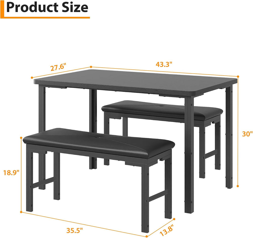 Garvee 3-Piece Dining Table Set, 3-Piece Kitchen Table with 2 Upholstered Benches, Space-Saving Dining Room Set for Breakfast Nook and Small Spaces, Black