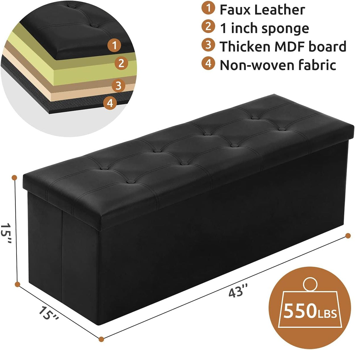 YOUDENOVA 43" Ottoman with Storage, Folding Faux Leather Bench, Black | Foldable ottoman with hidden storage, padded faux leather seat and sturdy MDF frame for everyday use.