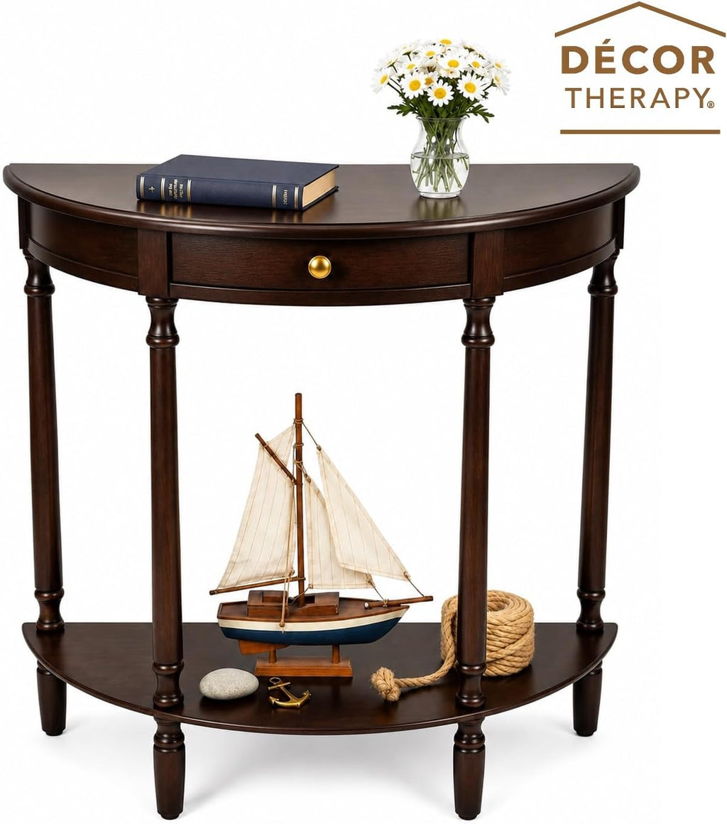 Decor Therapy Truro Half Round Console Table, Traditional Entryway Table with Drawer and Lower Shelf, Classic Hall or Sofa Table for Foyer, Living Room, Walnut