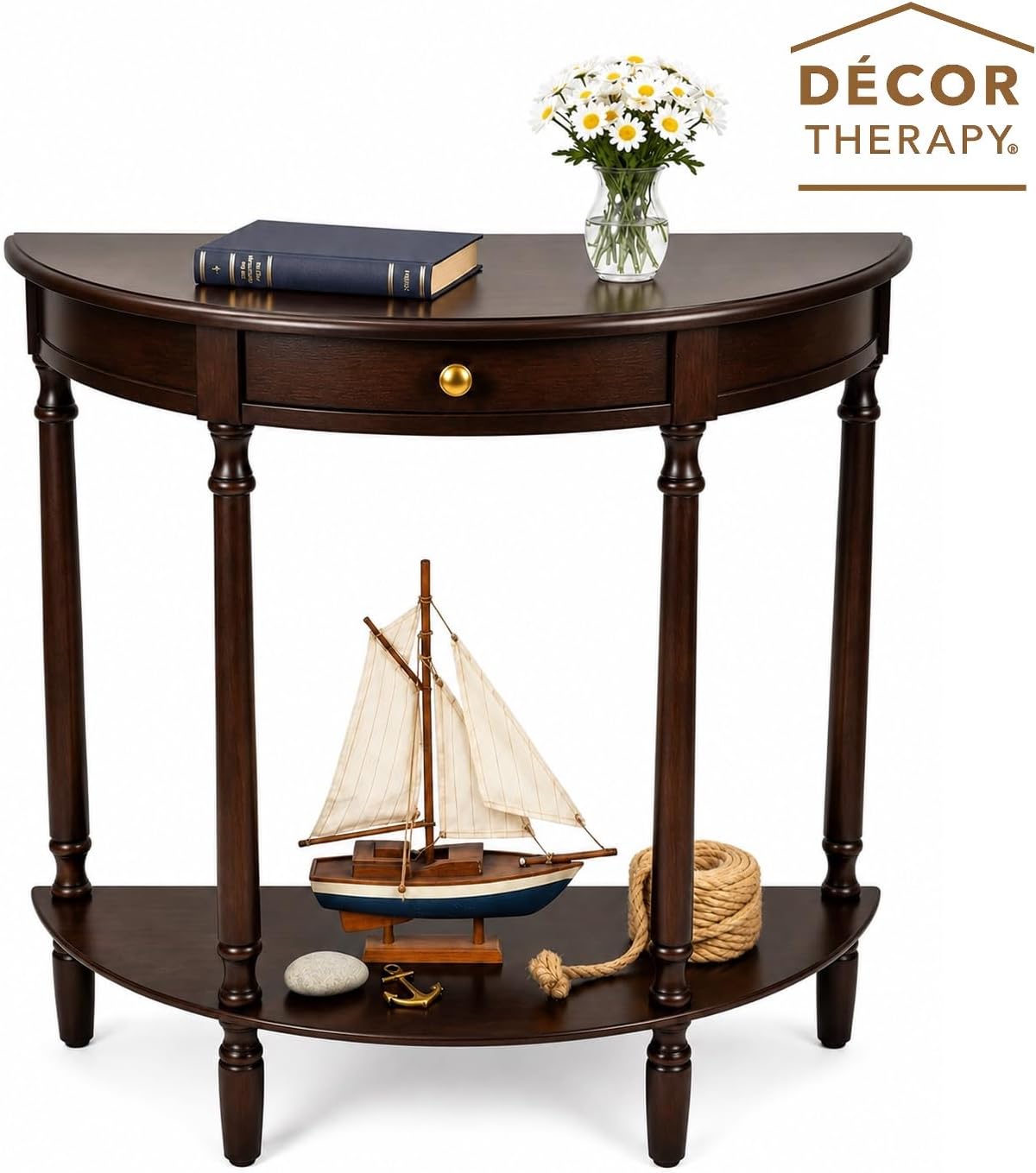 Decor Therapy Truro Half Round Console Table, Traditional Entryway Table with Drawer and Lower Shelf, Classic Hall or Sofa Table for Foyer, Living Room, Walnut