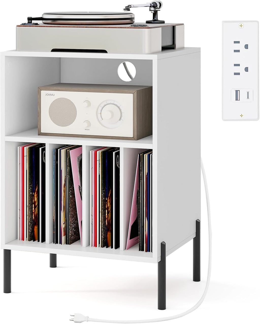 Tangkula Record Player Stand, Turntable Side Table Nightstand w/Charging Station & Vinyl Record Storage Cabinet Holds up to 150 Albums, Record Player Holder for Living Room (White, 31" H)