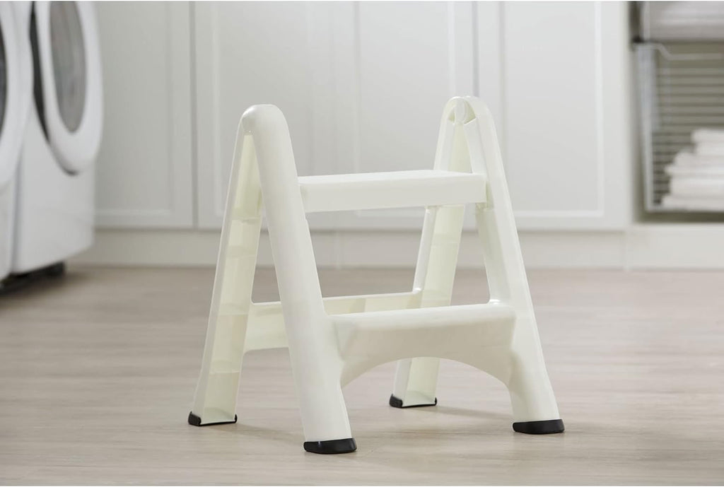 Rubbermaid FG420903WHT EZ Two Step Durable Folding Plastic Ladder Step Stool with Skid Resistant Foot Pads, White (2 Pack)