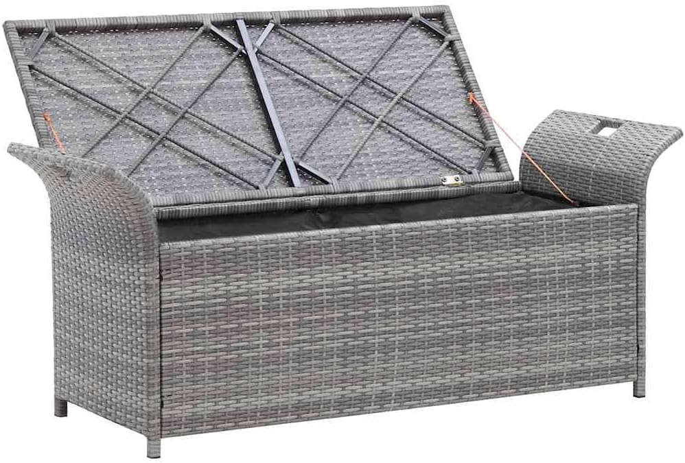 Poly Rattan Patio Storage Bench with Cushion, 54.3" Waterproof PE Outdoor Bench with Large Storage Space and Removable Polyester Cover, Gray