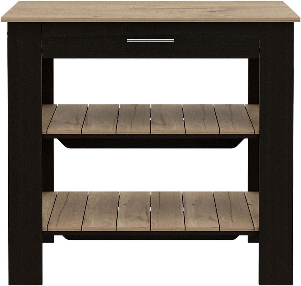 Kitchen Island with Two Shelves, One Drawer, Four Legs, Towel Hanger, Black | Combines two open shelves, one drawer, and towel hanger for storage