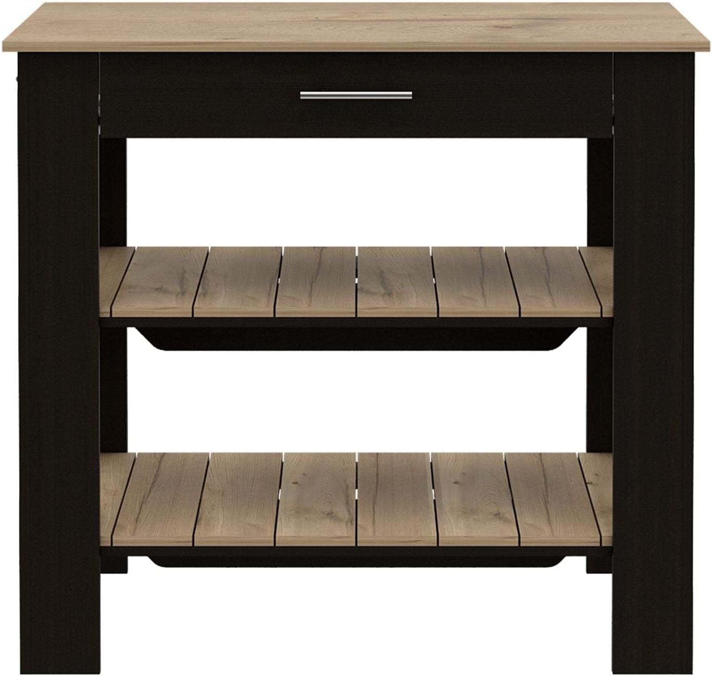 Kitchen Island with Two Shelves, One Drawer, Four Legs, Towel Hanger, Black | Combines two open shelves, one drawer, and towel hanger for storage