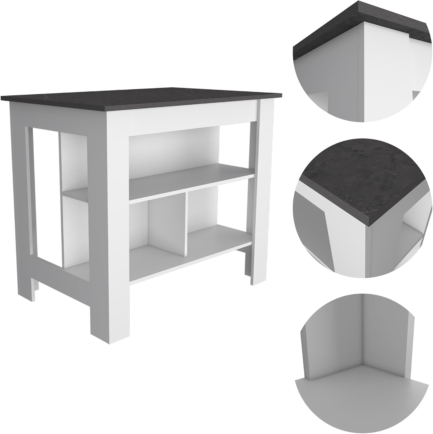 Kitchen Island with Four Legs and Three Shelves - White/Onyx | Three-tiered design with four legs and modern white/onyx finish