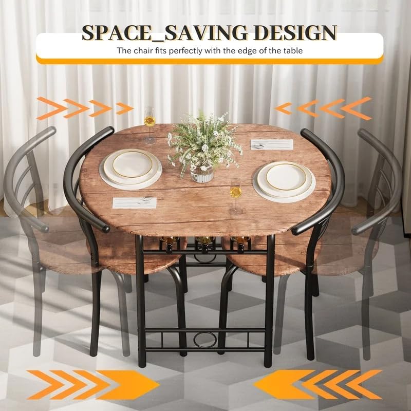 Shahoo 3-Piece Dining Table Set for 2, Kitchen Breakfast Nook Set | 2 Chairs & Round Tabletop, Space Saving Wooden Furniture Metal Frame and Built-in Wine Rack, Rustic Brown