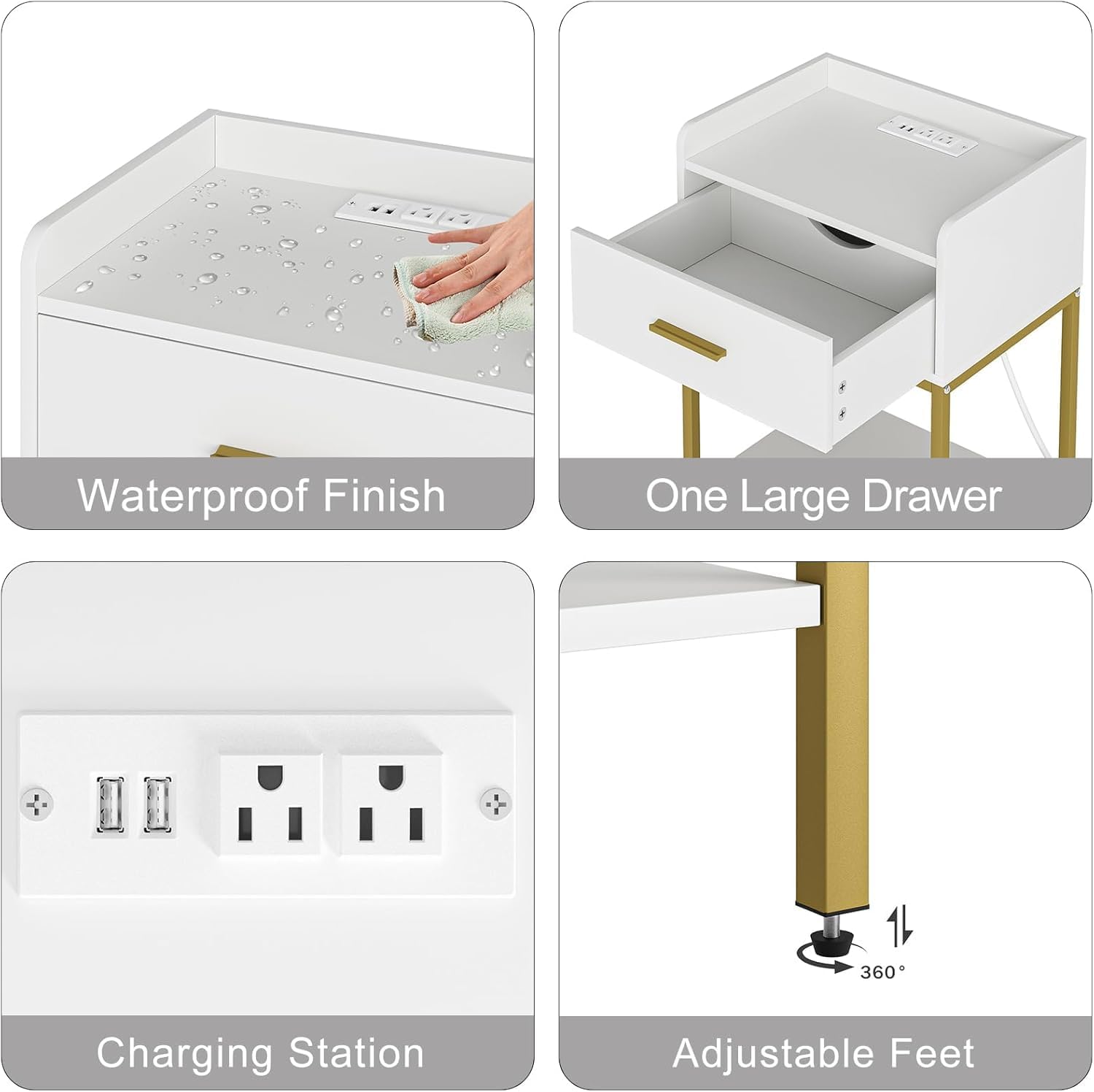 Aienvey Nightstand with Charging Station,Bedside Table with Drawer and 2 Shelf Storage, Small Side Table, Modern White Night Stand, Tall End Table for Bedroom, Living Room