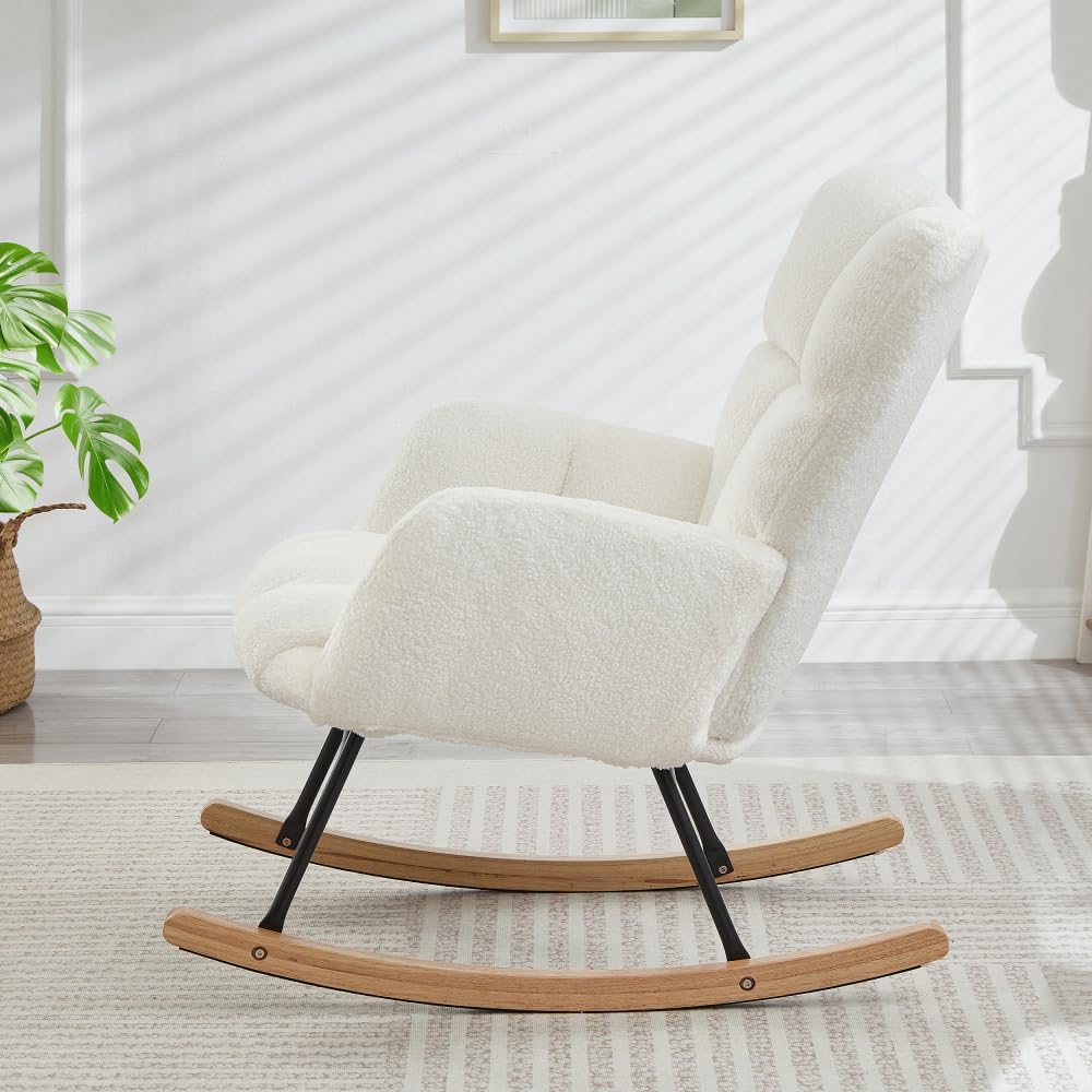 Glider Chair for Living Room Tufted Upholstered Teddy Fabric Rocking Chair with Metal Frame,Pink (Ivory + Teddy)