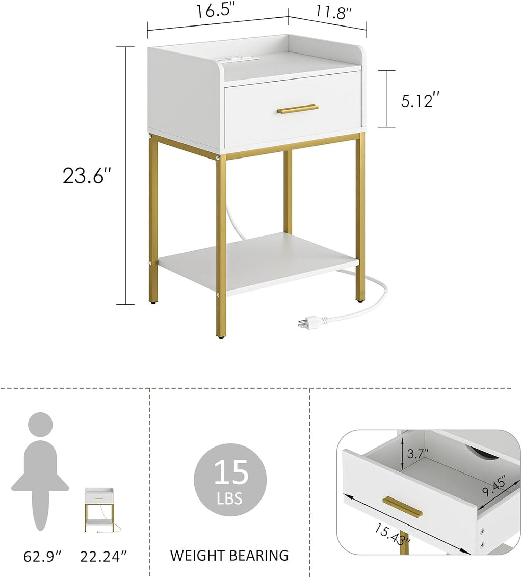 Aienvey Nightstand with Charging Station,Bedside Table with Drawer and 2 Shelf Storage, Small Side Table, Modern White Night Stand, Tall End Table for Bedroom, Living Room