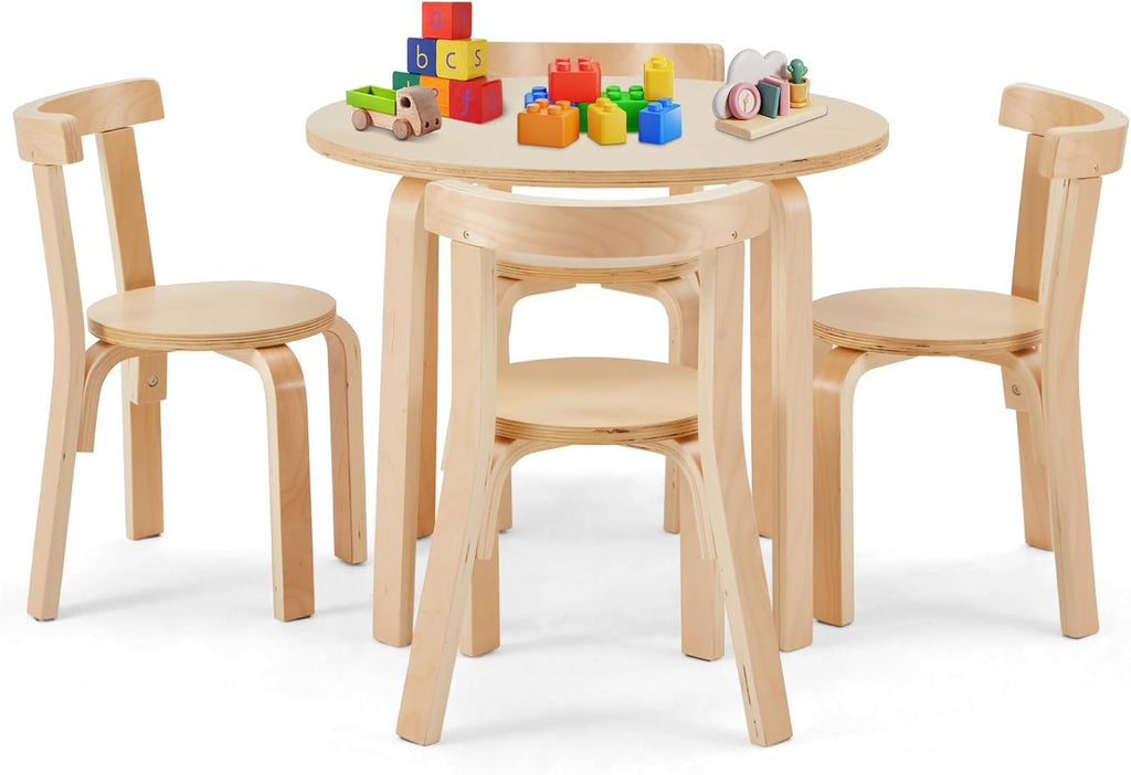 Kids Table and 4 Chairs Set - Round Table and Chair Set for Children, EN71 Certified, Birch Veneer - Wooden Dining Play Set for Children, Durable Wooden Play Table and Chairs, Solid Wood