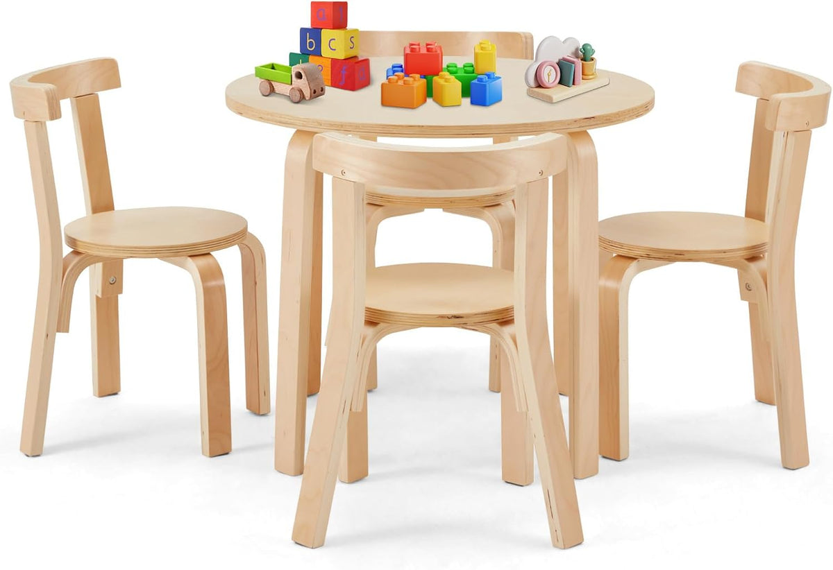 Kids Table and 4 Chairs Set - Round Table and Chair Set for Children, EN71 Certified, Birch Veneer - Wooden Dining Play Set for Children, Durable Wooden Play Table and Chairs, Solid Wood