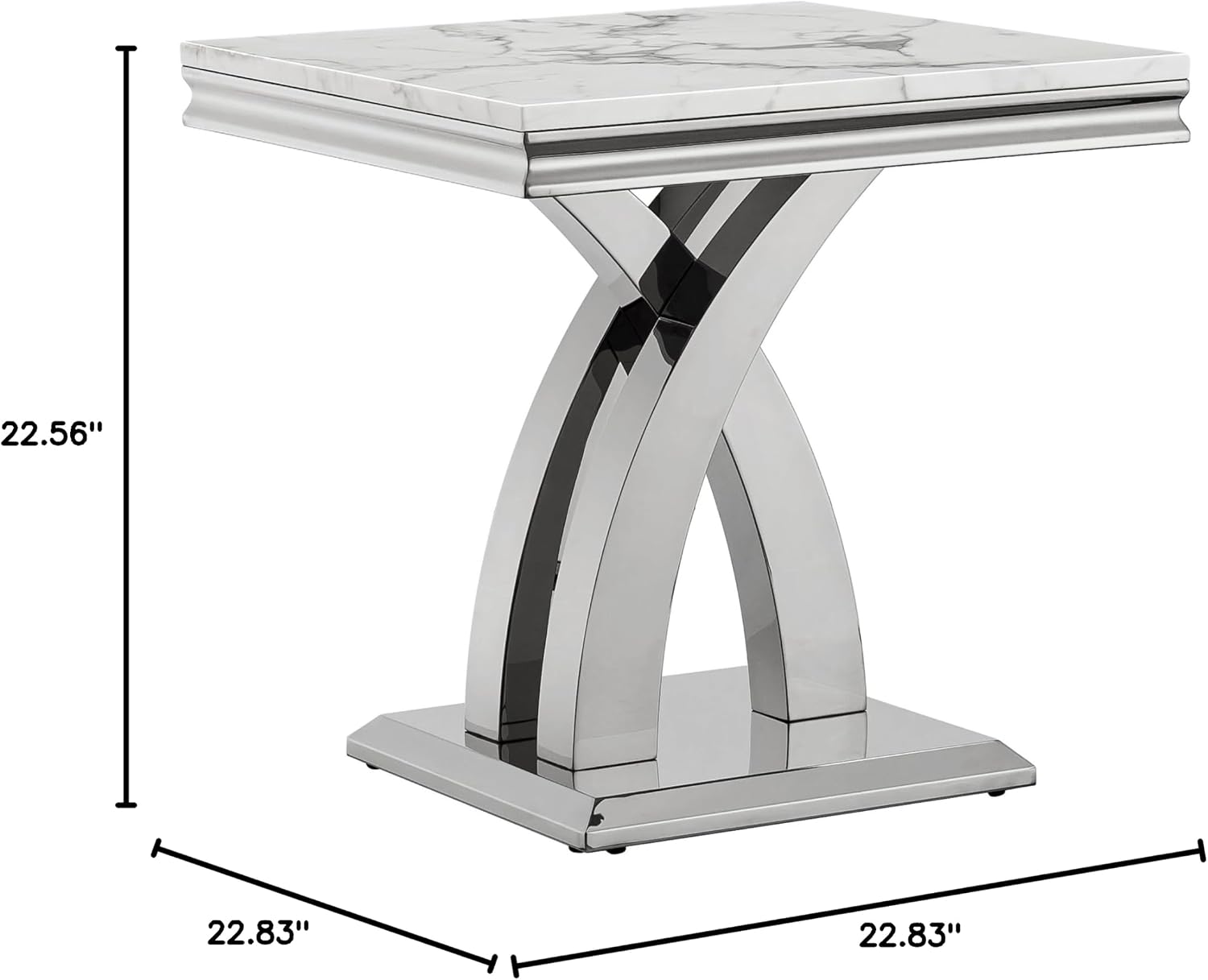 1 Piece Living Room End Table Luxury Faux Marble Sofa Side Table, Modern White Silver End Table with X-Shape Stainless Steel Pedestal Base