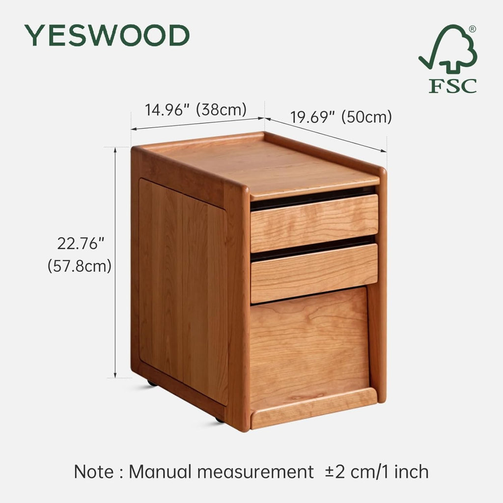 YESWOOD Solid Cherry Wood Side Table with Wheels, Narrow Side Tables with Storage Drawers, Rolling Wood Nightstand for Bedroom Living Room Study(Cherry Color, 22.76" H)